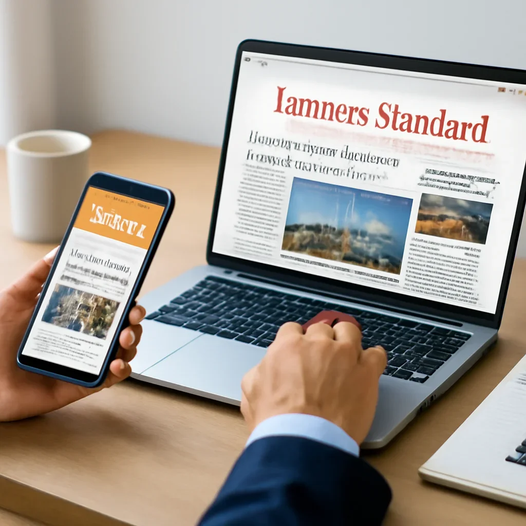 Call-to-action image for Business Standard vs Mint featuring readers comparing business standard vs mint options on laptops and phones with editorial notes and clean desk styling