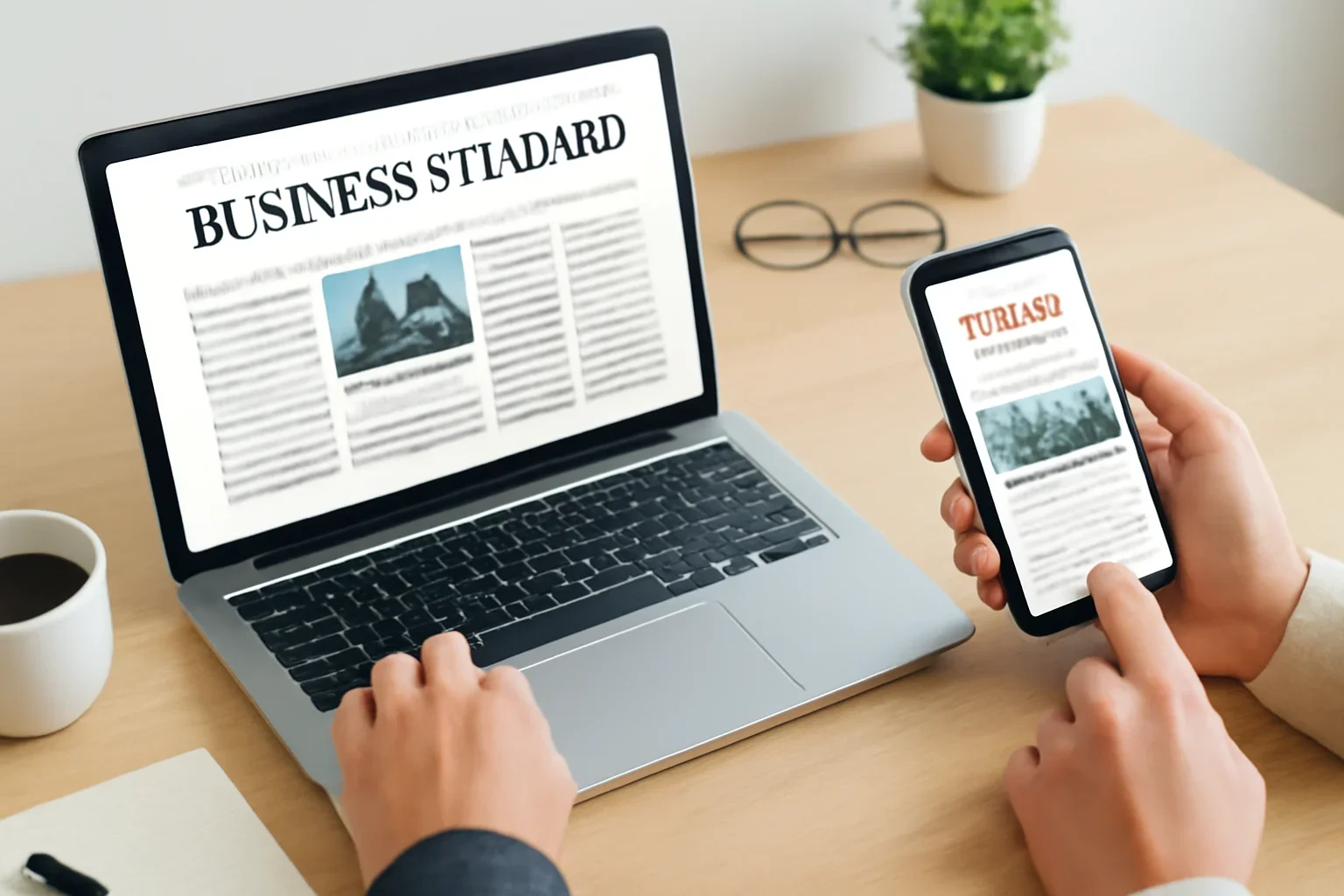 Business Standard vs Mint hero image showing readers comparing business standard vs mint options on laptops and phones with editorial notes and clean desk styling