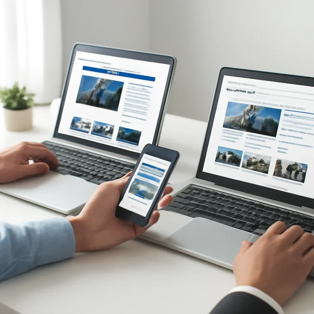 Supporting editorial image for Moneycontrol vs Economic Times showing readers comparing moneycontrol vs economic times options on laptops and phones with editorial notes and clean desk styling