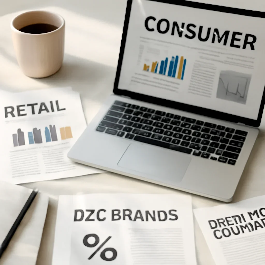 Call-to-action image for Consumer featuring editorial workspace focused on retail, D2C brands, pricing, product culture, and the trends shaping how people buy and spend, with laptops, notes, and clean magazine-style composition