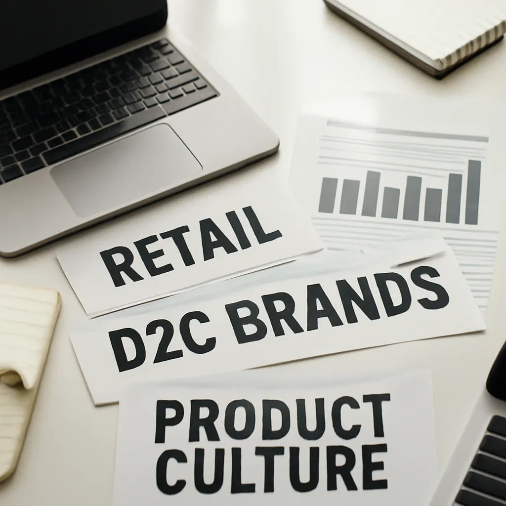 Context image for Consumer featuring editorial workspace focused on retail, D2C brands, pricing, product culture, and the trends shaping how people buy and spend, with laptops, notes, and clean magazine-style composition