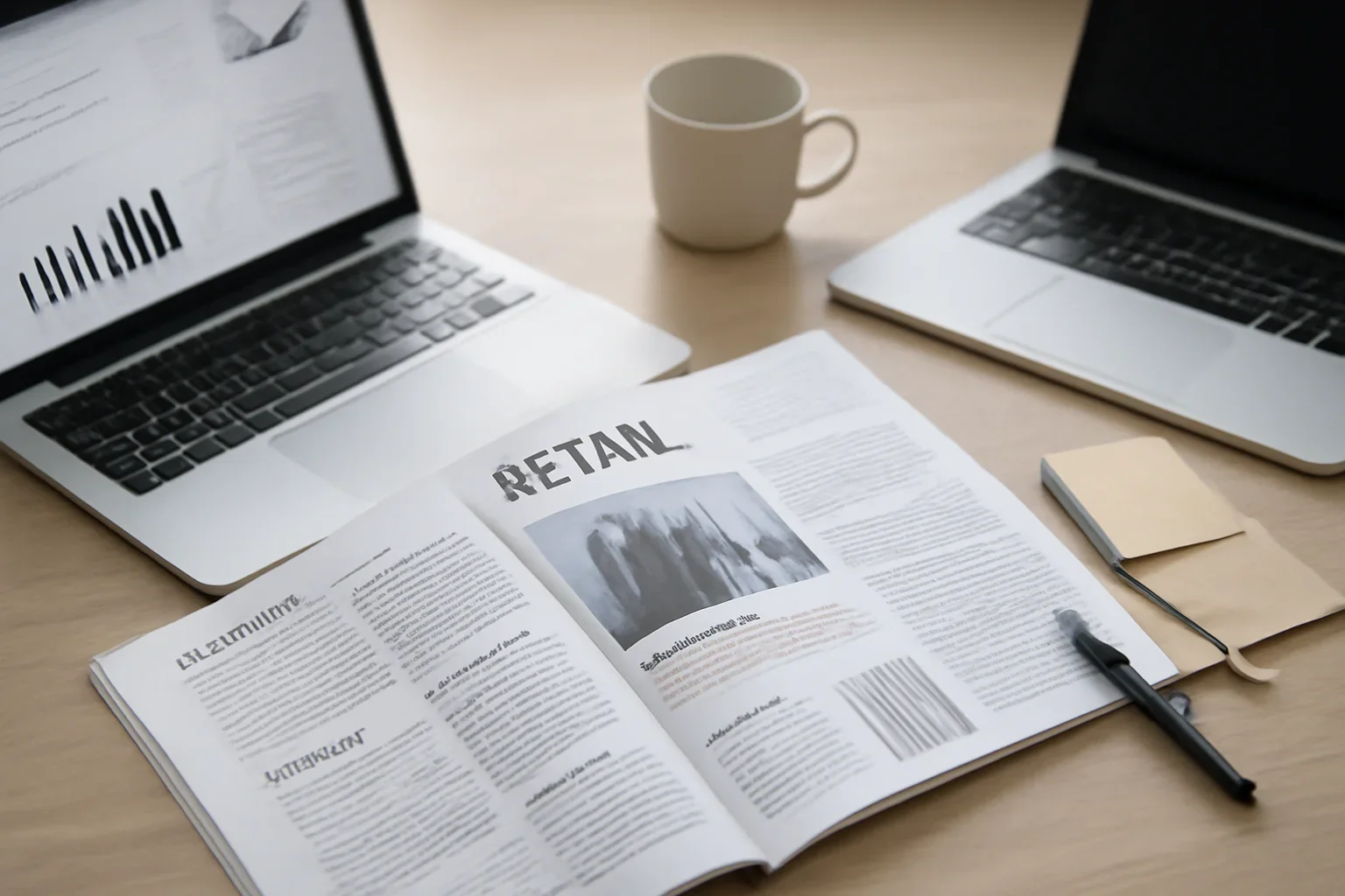 Consumer hero image showing editorial workspace focused on retail, D2C brands, pricing, product culture, and the trends shaping how people buy and spend, with laptops, notes, and clean magazine-style composition