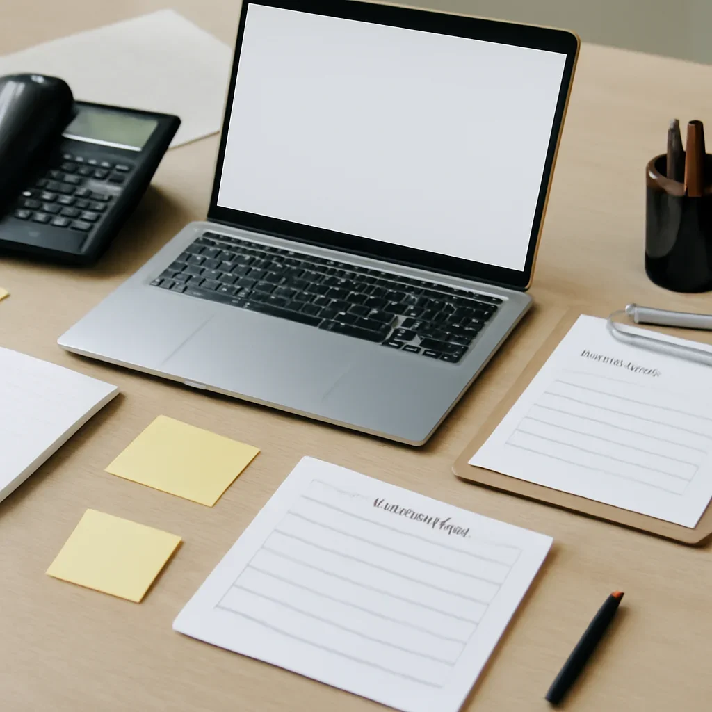 Context image for Contact featuring editorial support desk with laptop, contact forms, notes, and newsroom communication tools