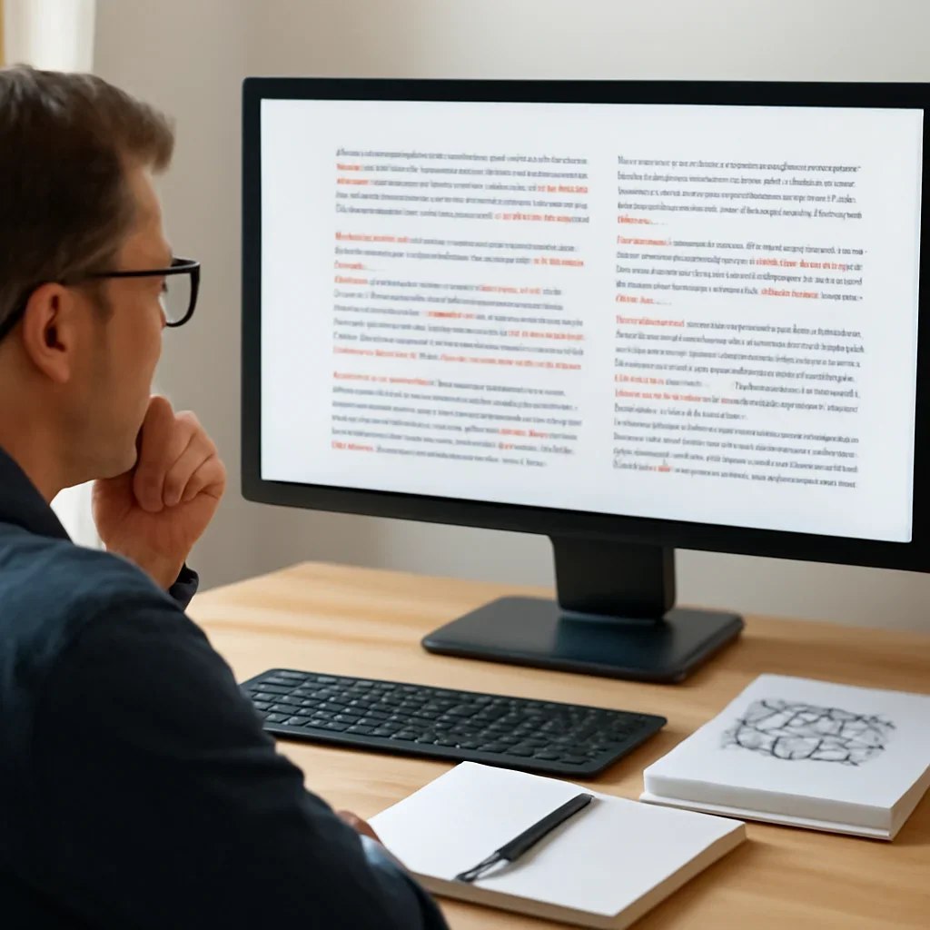 Call-to-action image for Corrections Policy featuring editor reviewing marked-up article corrections on screen beside notes and style guides