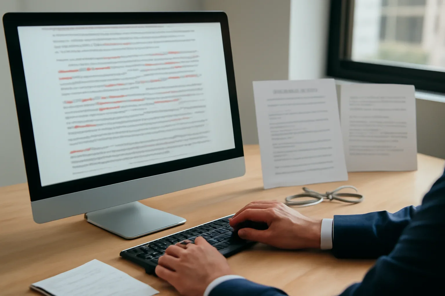 Corrections Policy hero image showing editor reviewing marked-up article corrections on screen beside notes and style guides