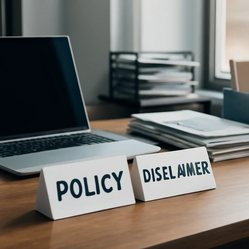 Call-to-action image for Disclaimer featuring editorial notice desk with policy cards, laptop, and archived publication materials