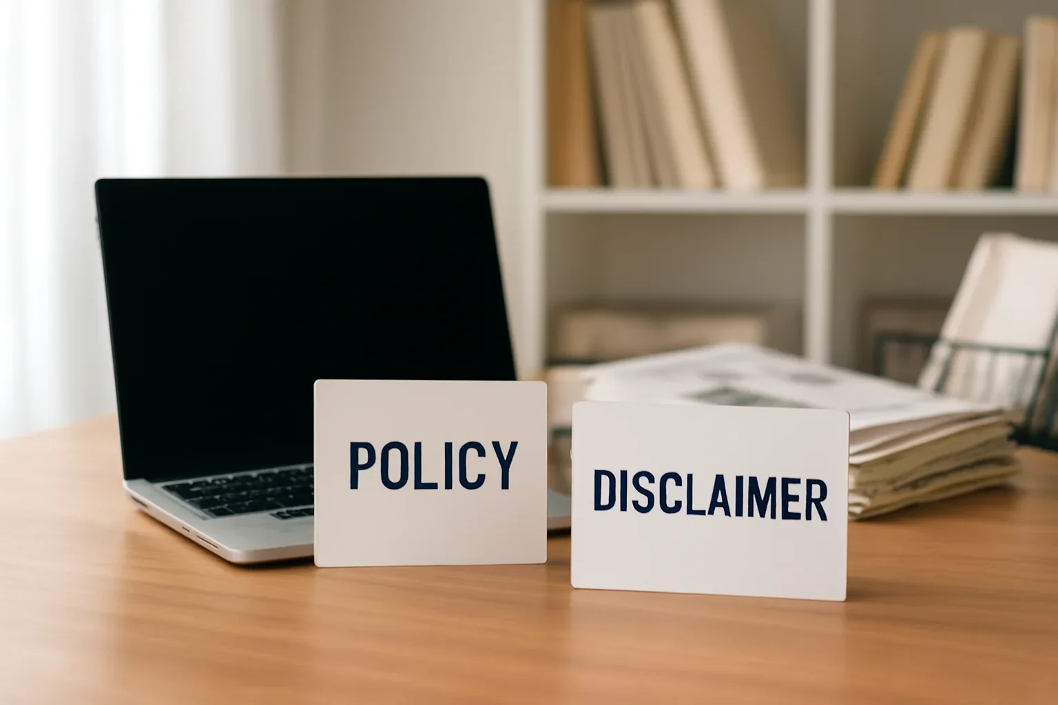 Disclaimer hero image showing editorial notice desk with policy cards, laptop, and archived publication materials