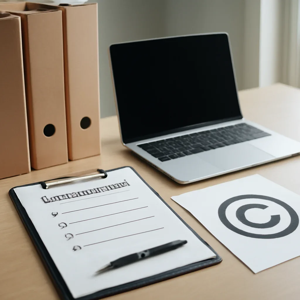 Call-to-action image for DMCA featuring copyright review desk with document folders, laptop, and content rights checklist