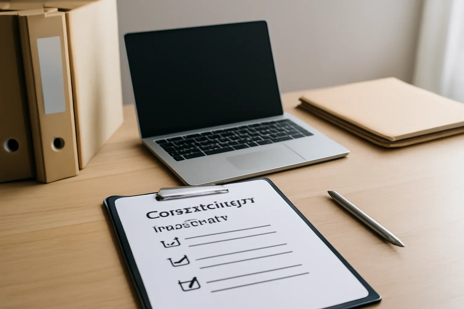 DMCA hero image showing copyright review desk with document folders, laptop, and content rights checklist