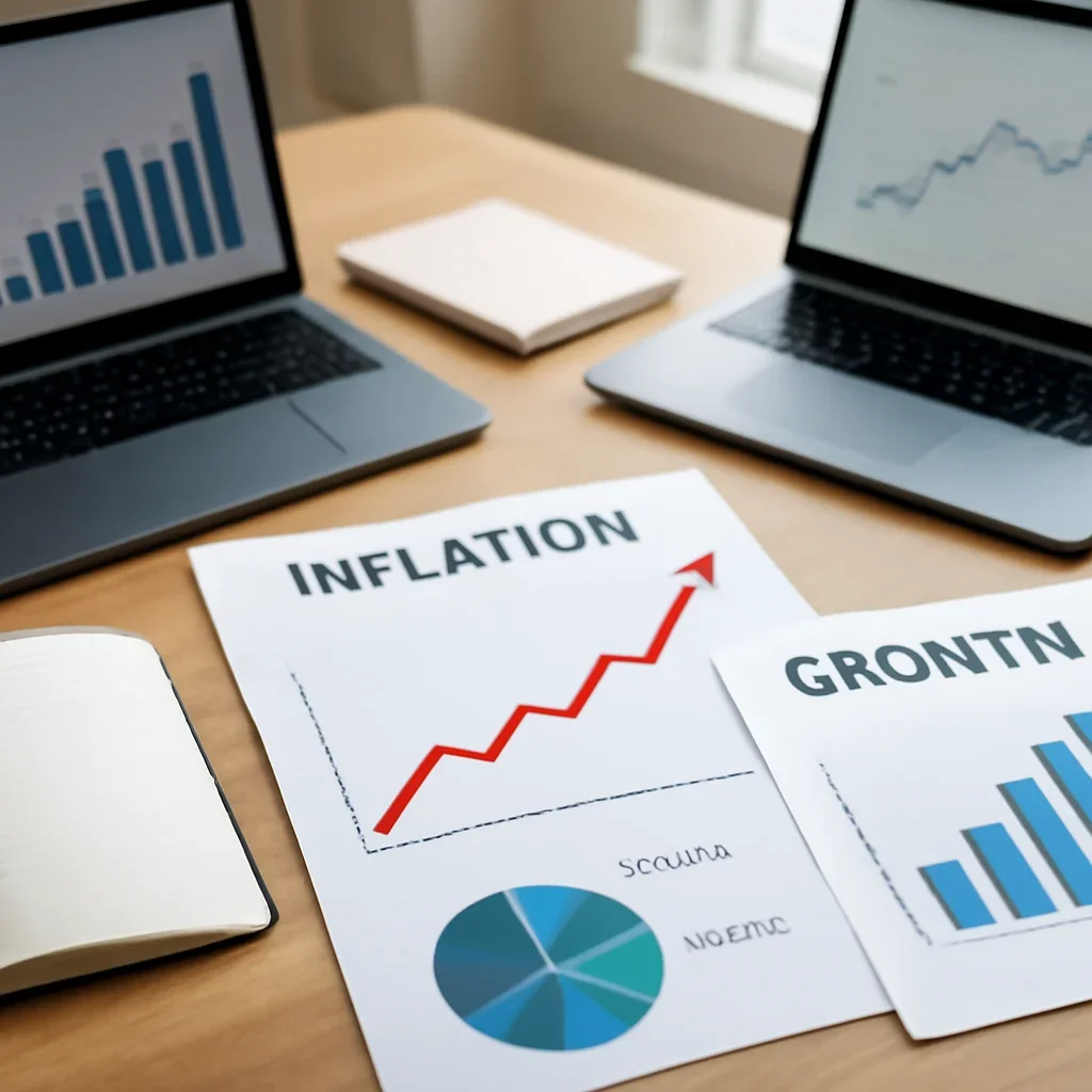 Call-to-action image for Economy featuring editorial workspace focused on inflation, jobs, demand, growth, and the broad indicators that shape business and household decisions, with laptops, notes, and clean magazine-style composition