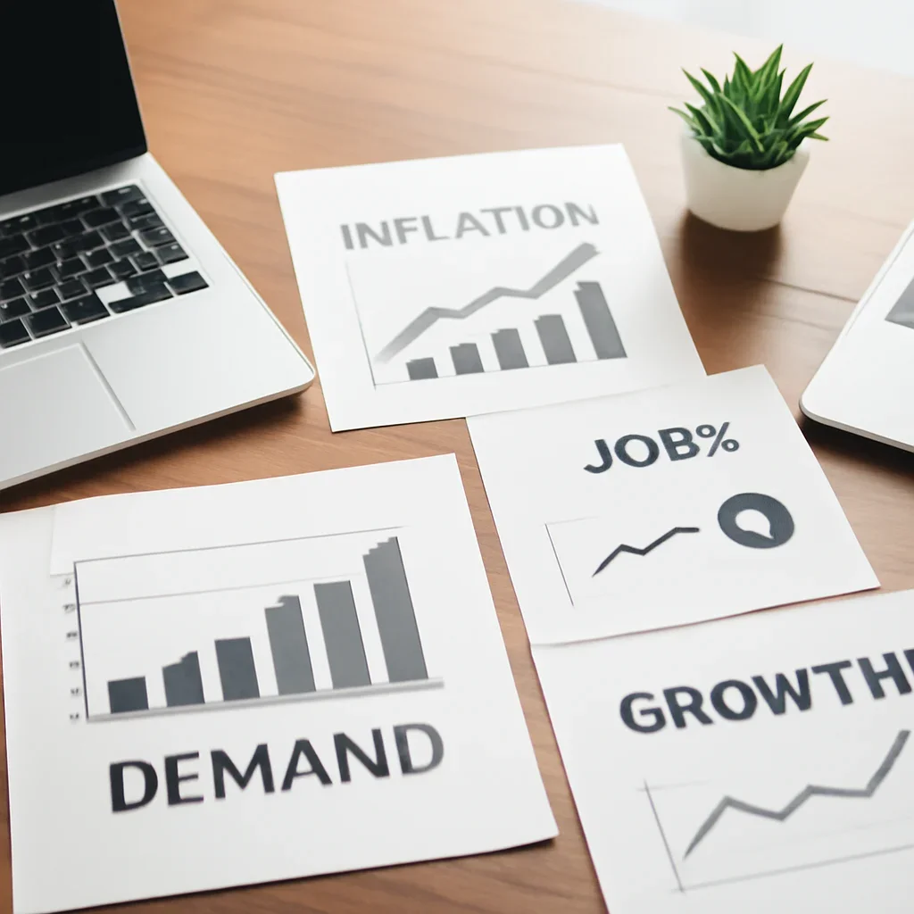 Context image for Economy featuring editorial workspace focused on inflation, jobs, demand, growth, and the broad indicators that shape business and household decisions, with laptops, notes, and clean magazine-style composition