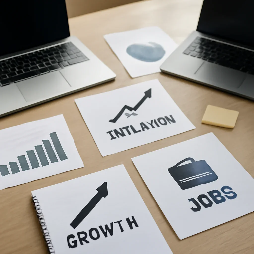 Supporting editorial image for Economy showing editorial workspace focused on inflation, jobs, demand, growth, and the broad indicators that shape business and household decisions, with laptops, notes, and clean magazine-style composition