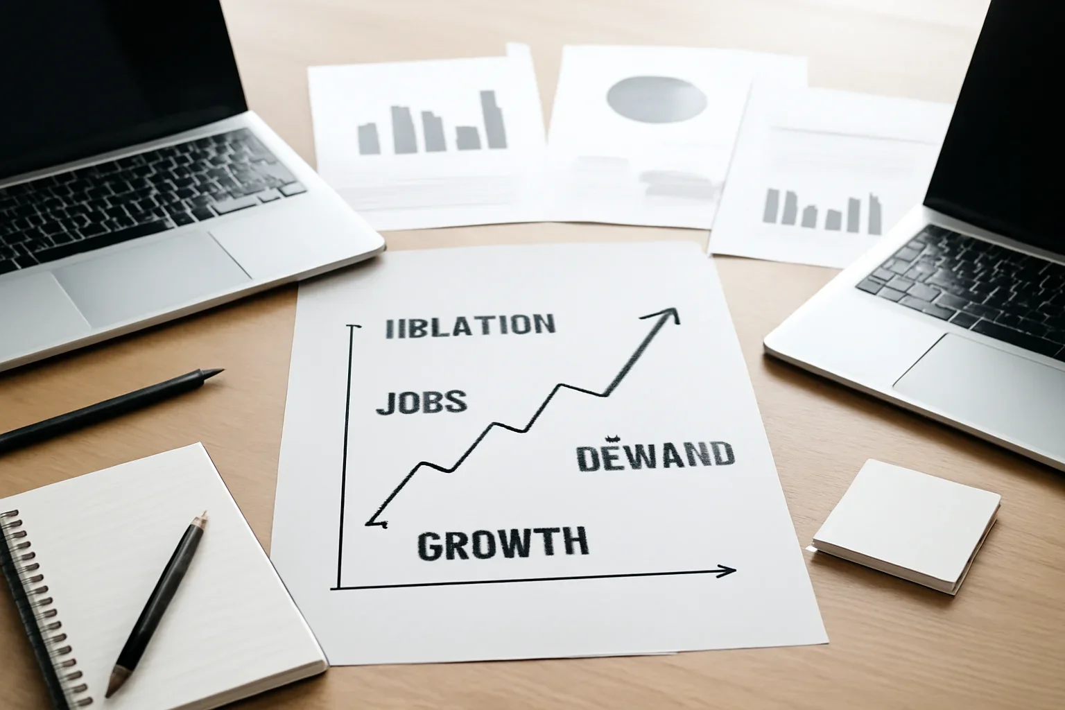 Economy hero image showing editorial workspace focused on inflation, jobs, demand, growth, and the broad indicators that shape business and household decisions, with laptops, notes, and clean magazine-style composition