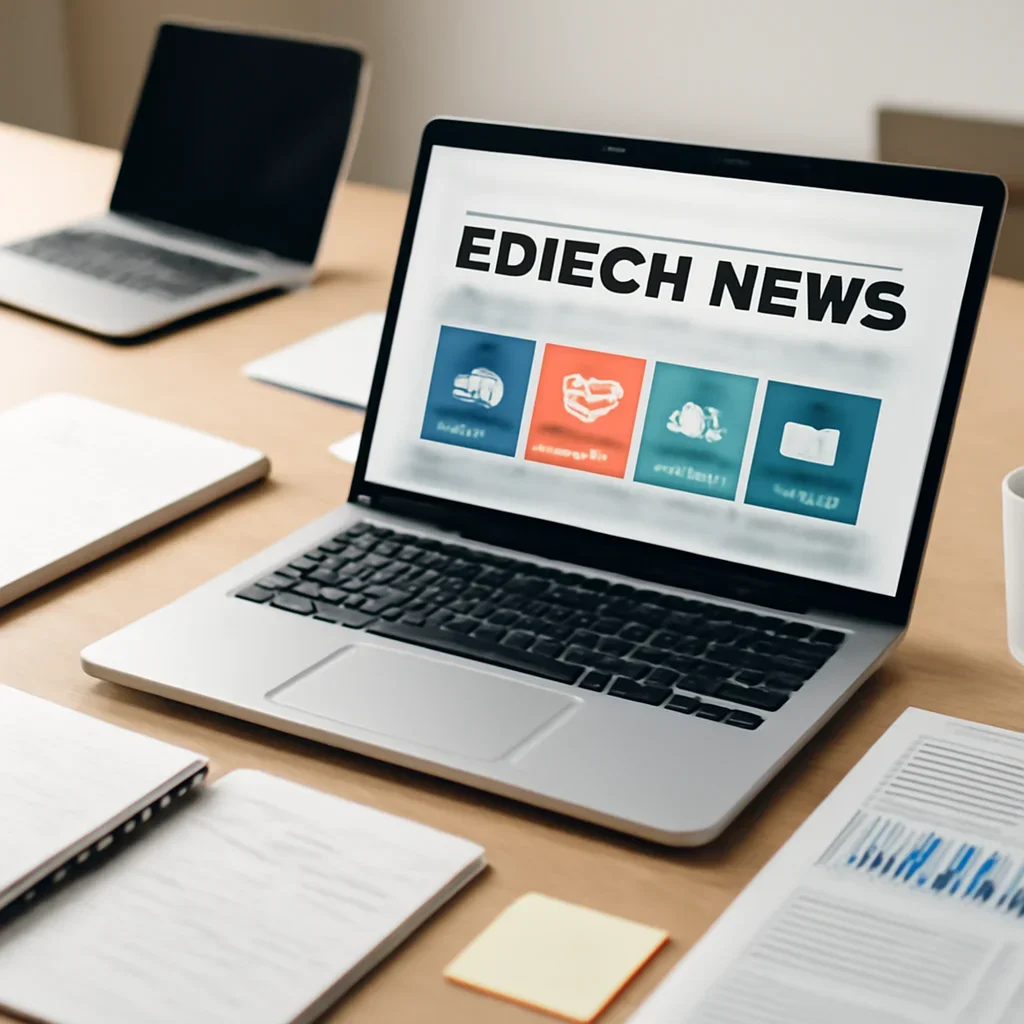 Call-to-action image for Edtech News featuring editorial workspace focused on learning products, skilling platforms, school-tech tools, and the companies reshaping education delivery, with laptops, notes, and clean magazine-style composition