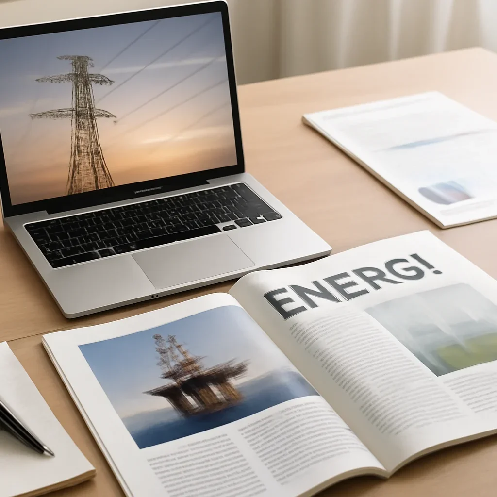 Call-to-action image for Energy News featuring editorial workspace focused on power, fuel, transition, infrastructure, and the policies changing how energy markets evolve, with laptops, notes, and clean magazine-style composition