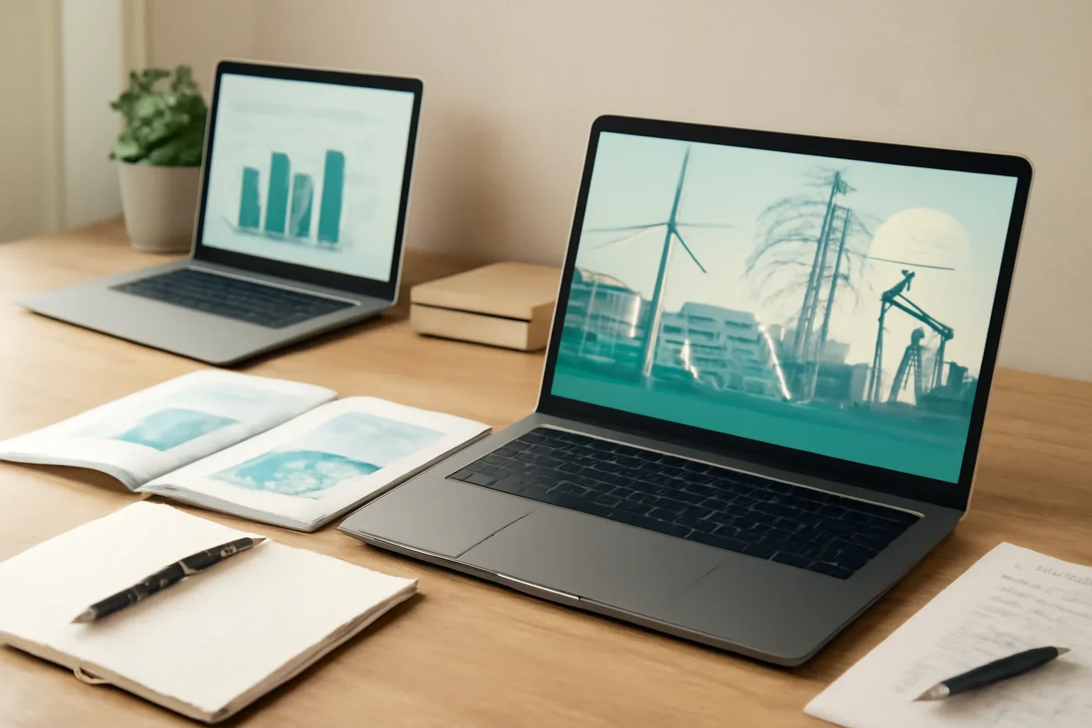Energy News hero image showing editorial workspace focused on power, fuel, transition, infrastructure, and the policies changing how energy markets evolve, with laptops, notes, and clean magazine-style composition