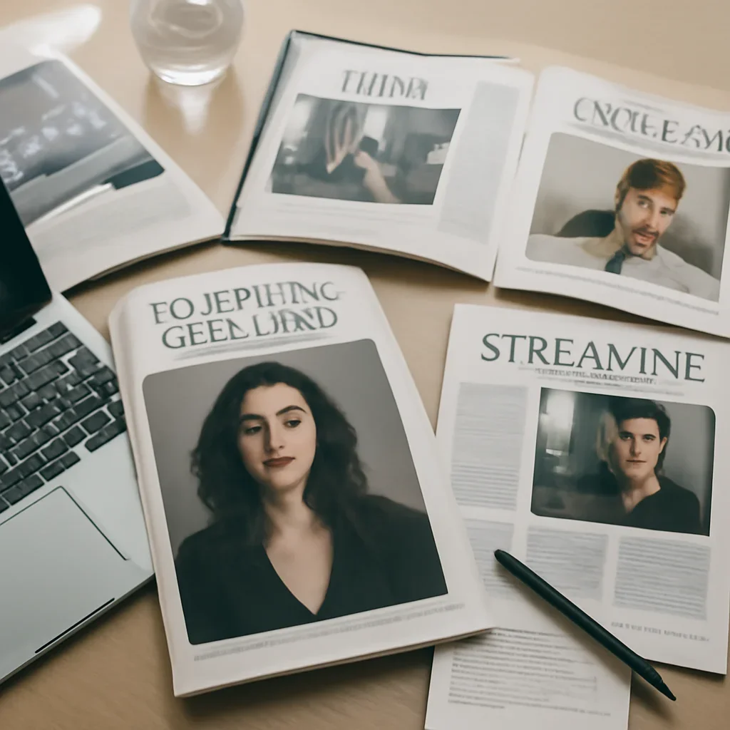 Call-to-action image for Entertainment featuring editorial workspace focused on film, streaming, creators, celebrity business, and the culture stories drawing sustained attention, with laptops, notes, and clean magazine-style composition