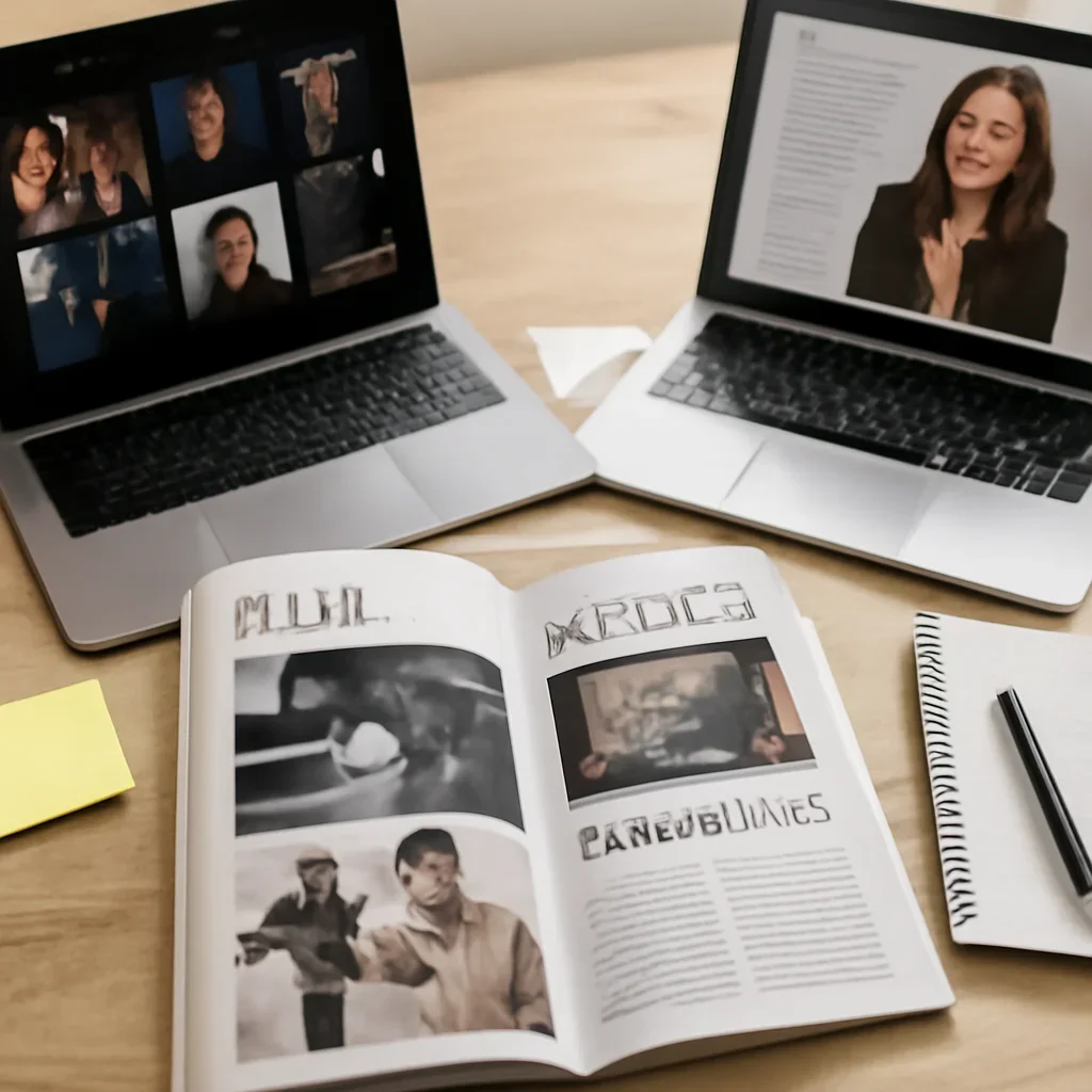 Context image for Entertainment featuring editorial workspace focused on film, streaming, creators, celebrity business, and the culture stories drawing sustained attention, with laptops, notes, and clean magazine-style composition
