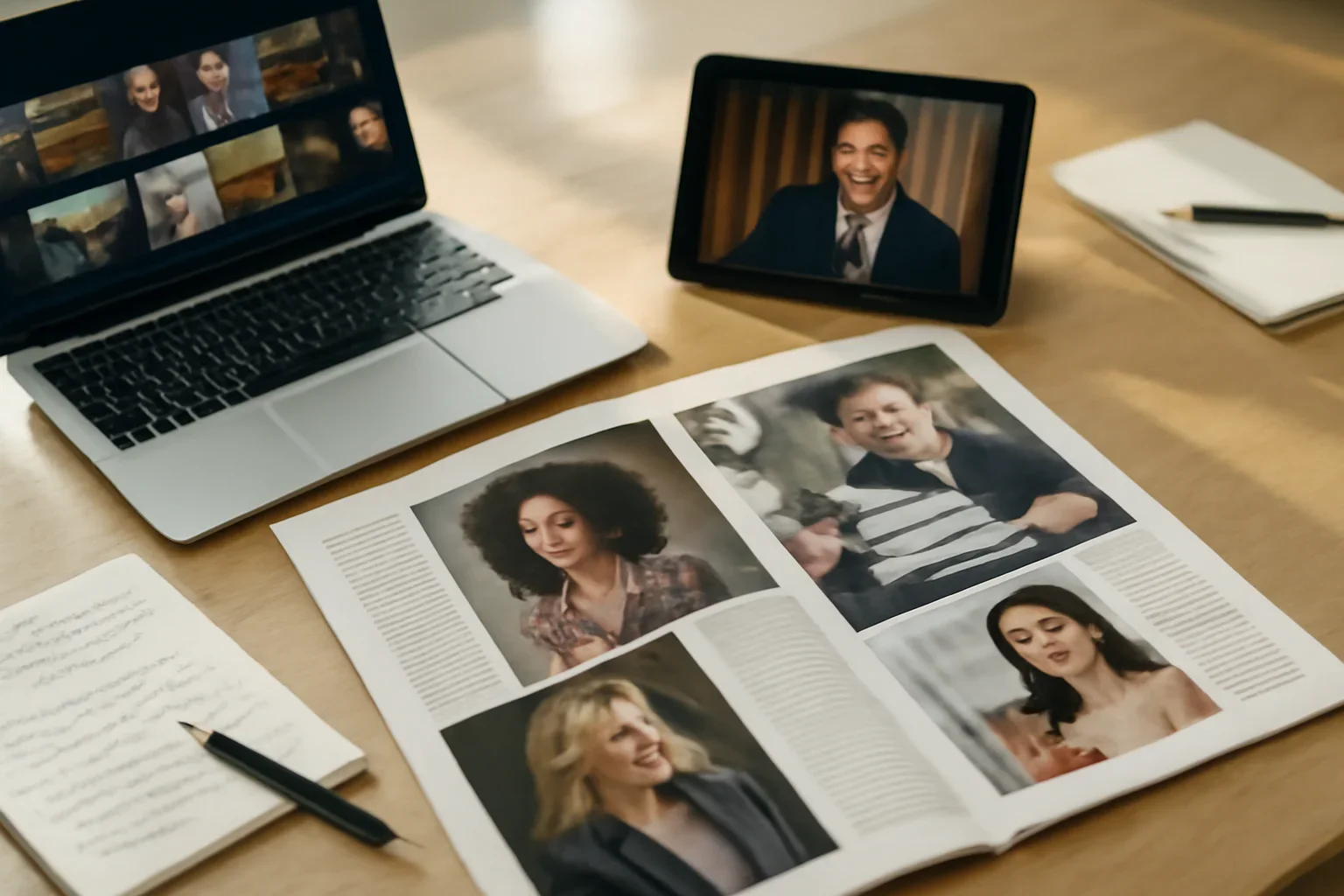 Entertainment hero image showing editorial workspace focused on film, streaming, creators, celebrity business, and the culture stories drawing sustained attention, with laptops, notes, and clean magazine-style composition