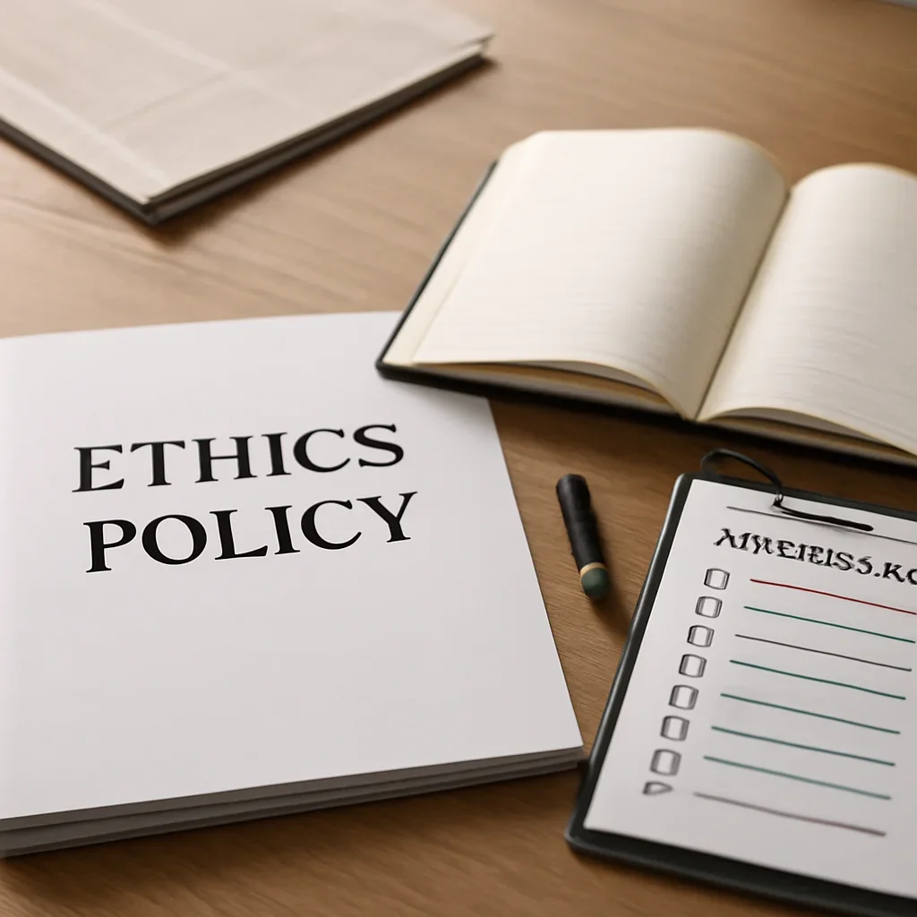 Call-to-action image for Ethics Policy featuring newsroom standards desk with policy papers, notebook, and disclosure checklists