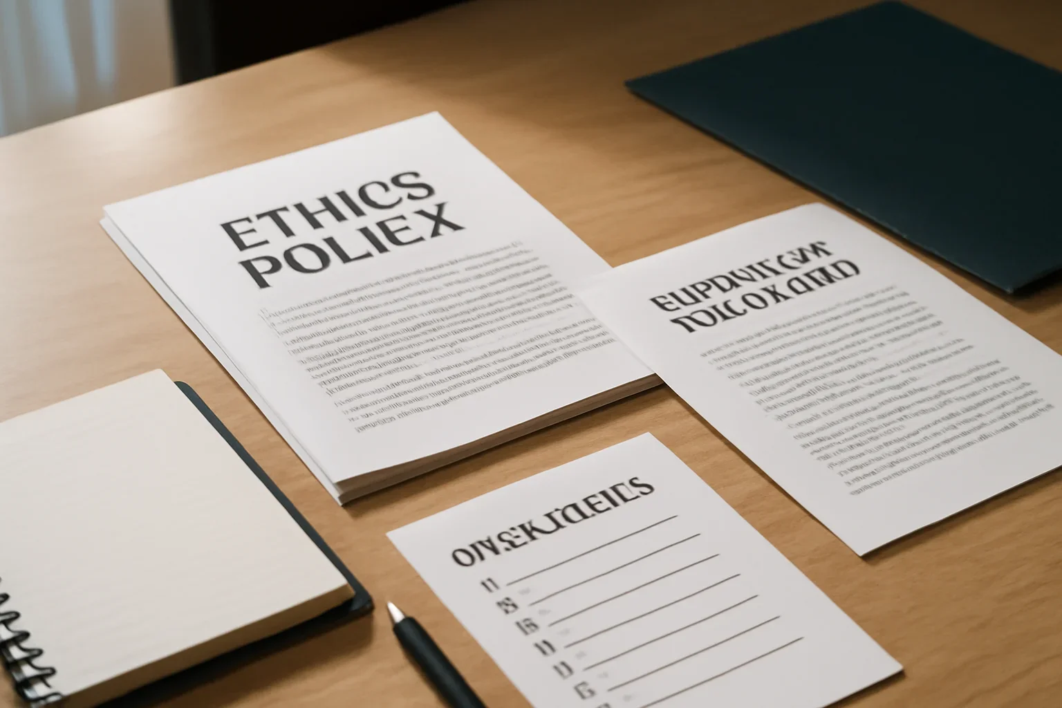 Ethics Policy hero image showing newsroom standards desk with policy papers, notebook, and disclosure checklists