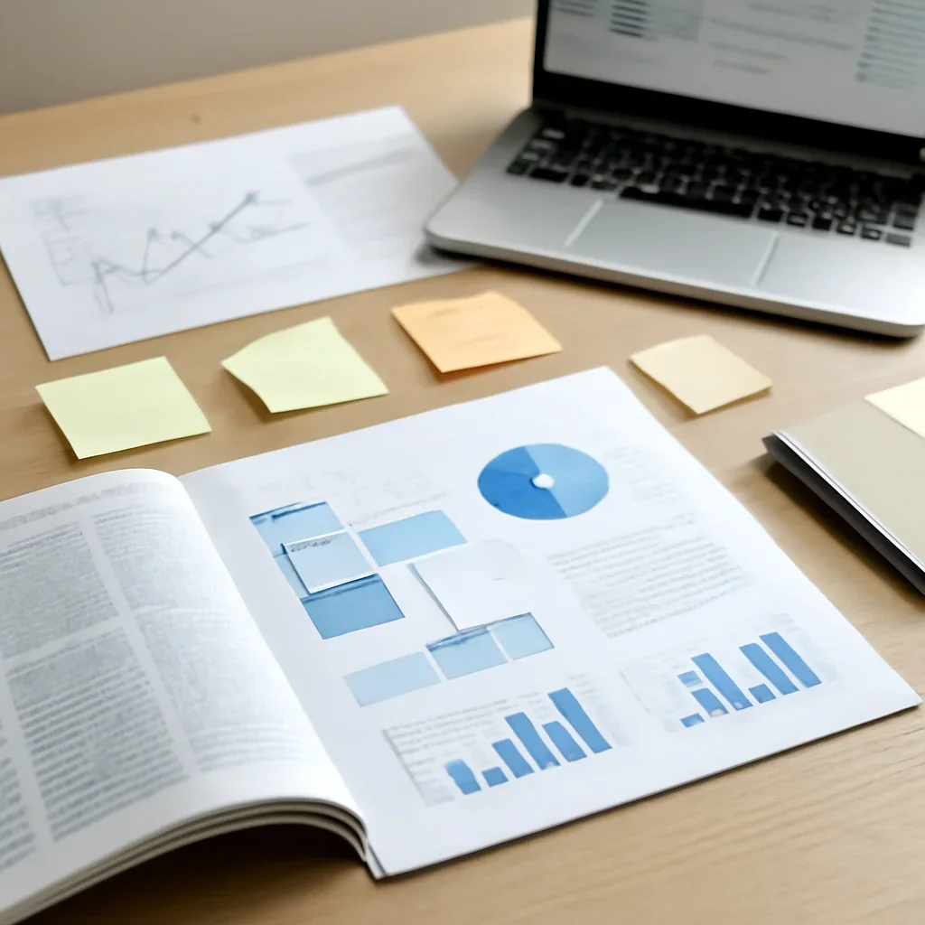Call-to-action image for Explainers featuring editorial explainer workspace with diagrams, sticky notes, charts, and reading materials