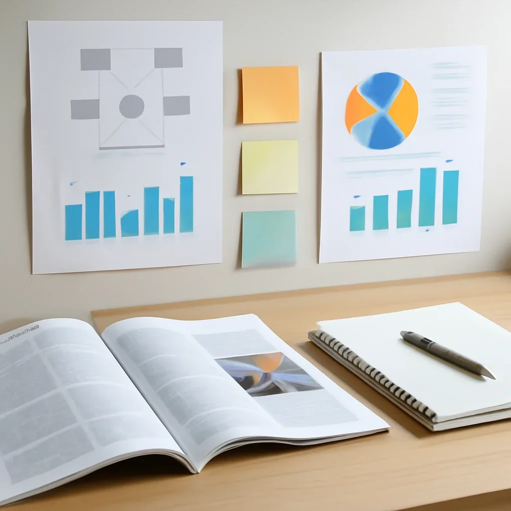 Context image for Explainers featuring editorial explainer workspace with diagrams, sticky notes, charts, and reading materials