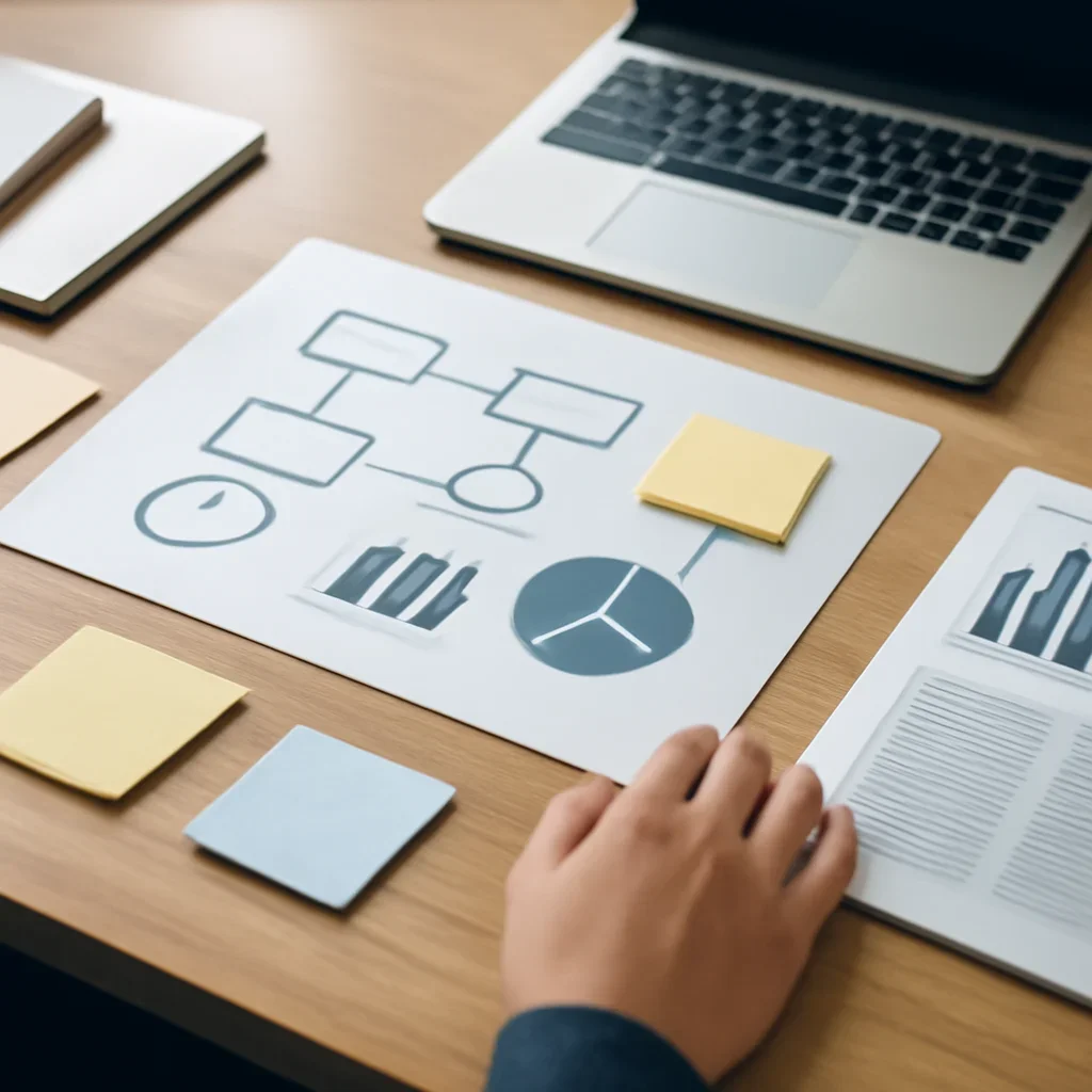 Supporting editorial image for Explainers showing editorial explainer workspace with diagrams, sticky notes, charts, and reading materials