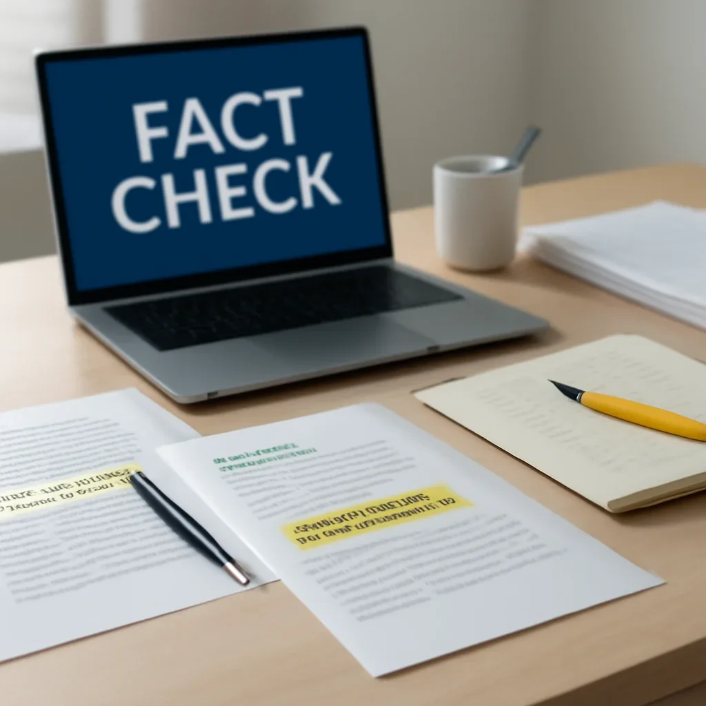 Call-to-action image for Fact Check featuring fact-checking workstation with documents, highlighted claims, verification notes, and a clean desk
