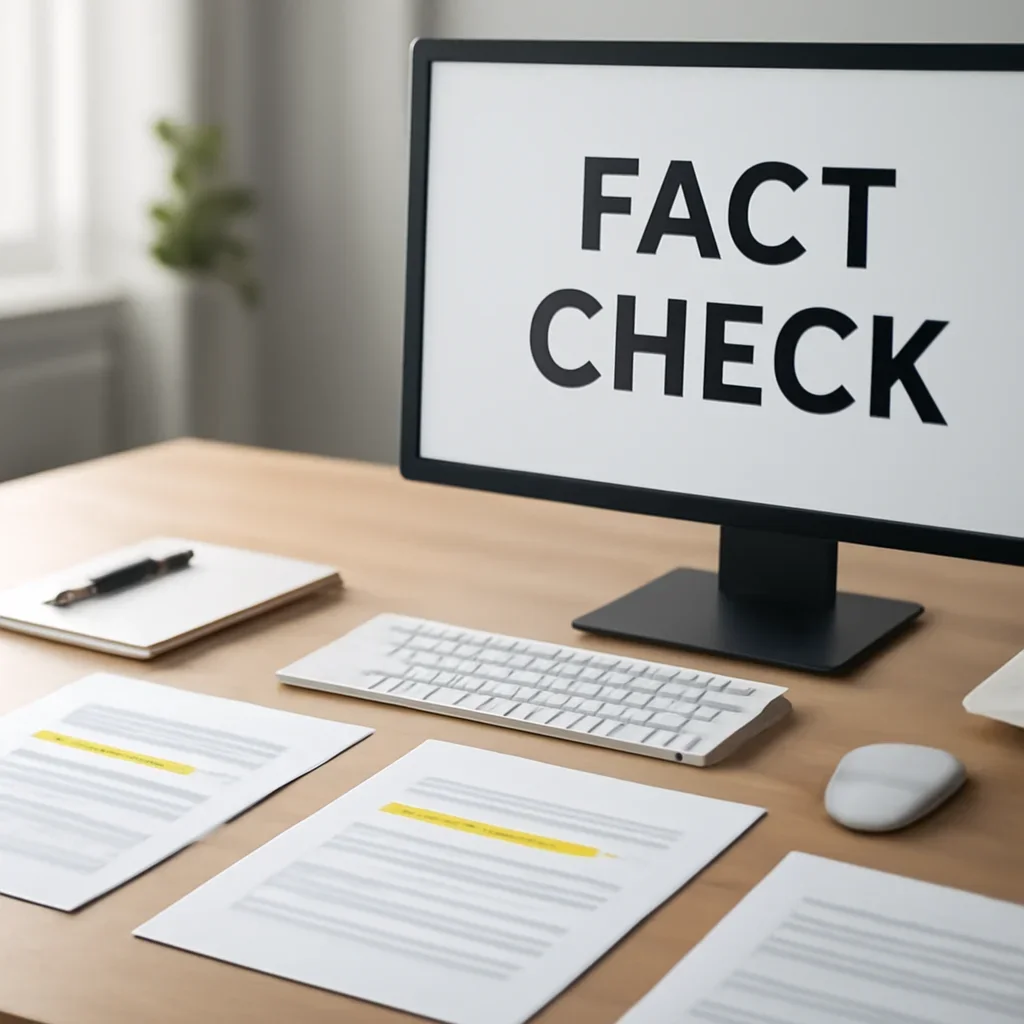 Context image for Fact Check featuring fact-checking workstation with documents, highlighted claims, verification notes, and a clean desk