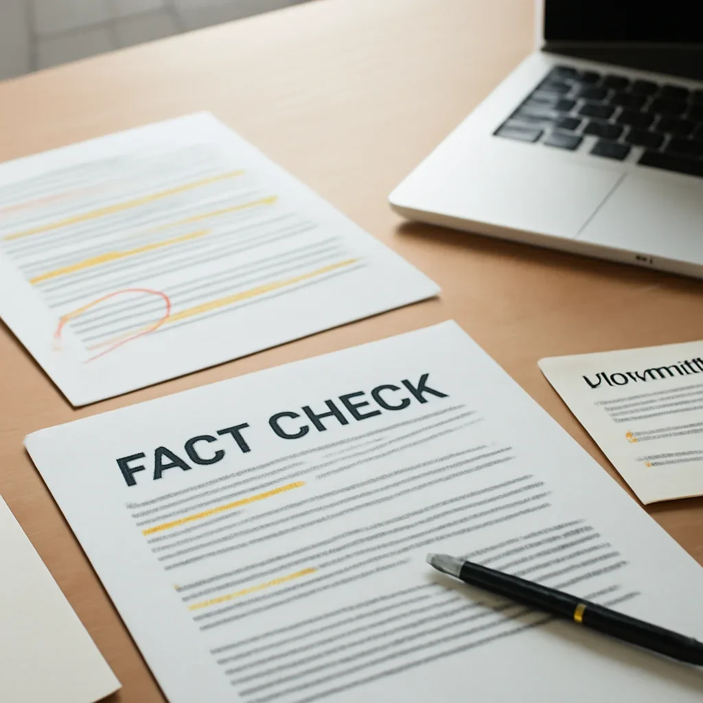 Supporting editorial image for Fact Check showing fact-checking workstation with documents, highlighted claims, verification notes, and a clean desk