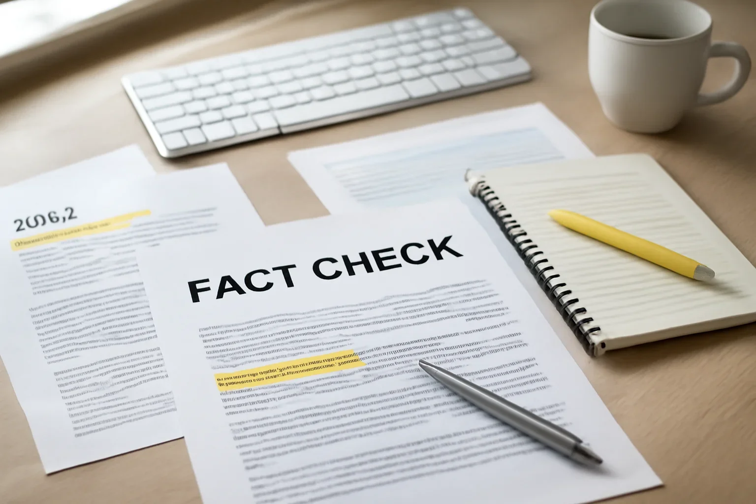 Fact Check hero image showing fact-checking workstation with documents, highlighted claims, verification notes, and a clean desk