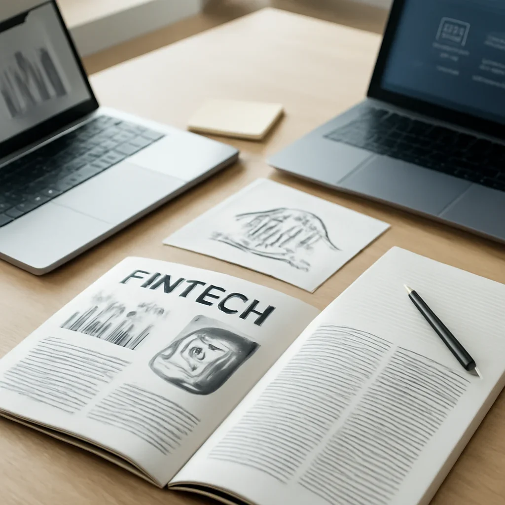Call-to-action image for Fintech News featuring editorial workspace focused on payments, lending, digital banking, insurance technology, and the startups reshaping money movement, with laptops, notes, and clean magazine-style composition