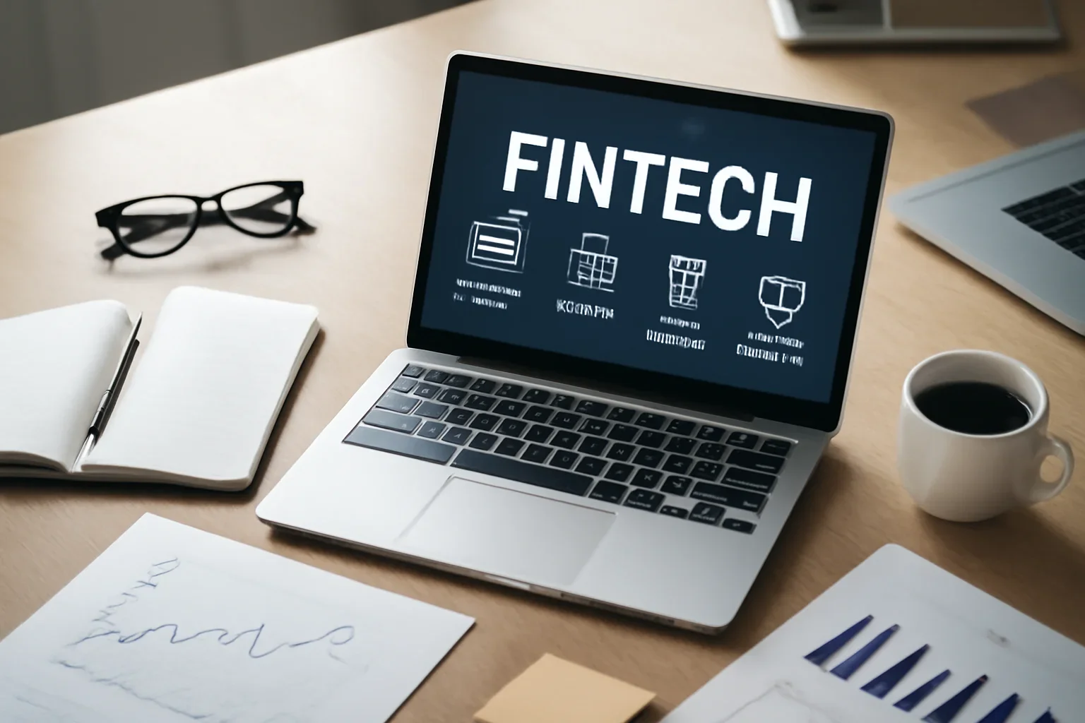 Fintech News hero image showing editorial workspace focused on payments, lending, digital banking, insurance technology, and the startups reshaping money movement, with laptops, notes, and clean magazine-style composition
