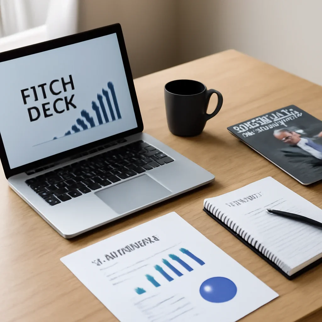 Supporting editorial image for For Founders showing startup founder workspace with pitch deck, laptop, product notes, and business press