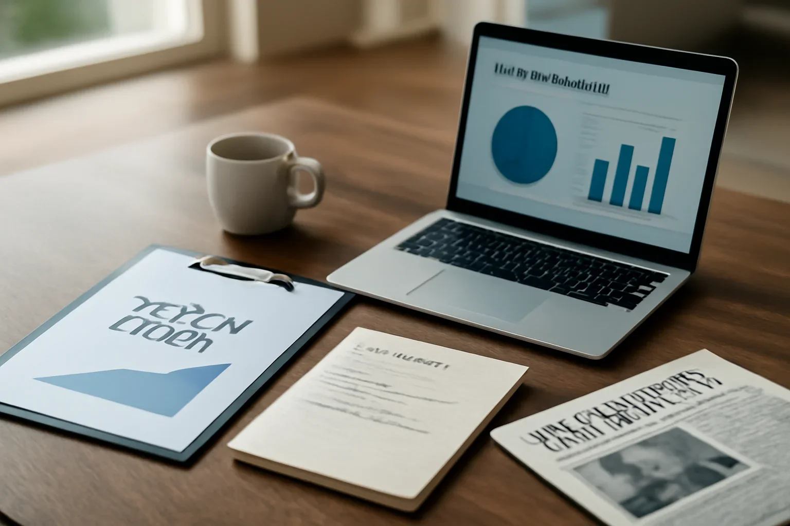 For Founders hero image showing startup founder workspace with pitch deck, laptop, product notes, and business press
