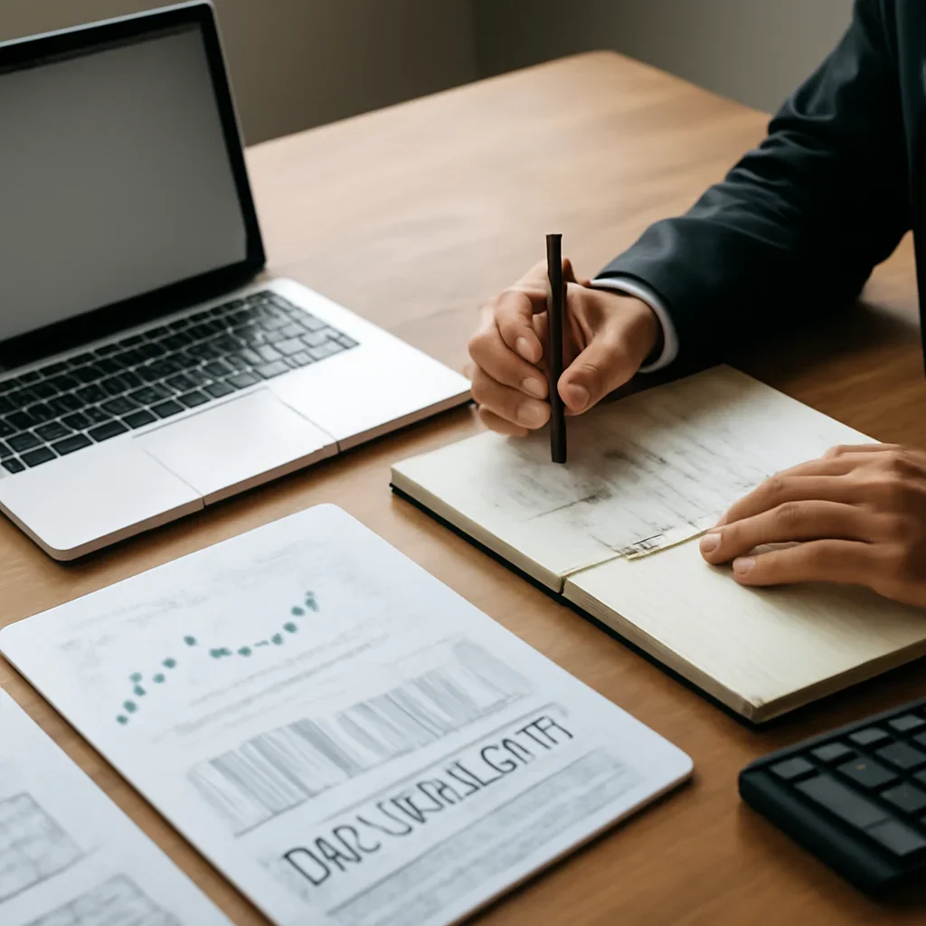 Call-to-action image for For Investors featuring investor reading setup with market notes, laptop, charts, and business headlines