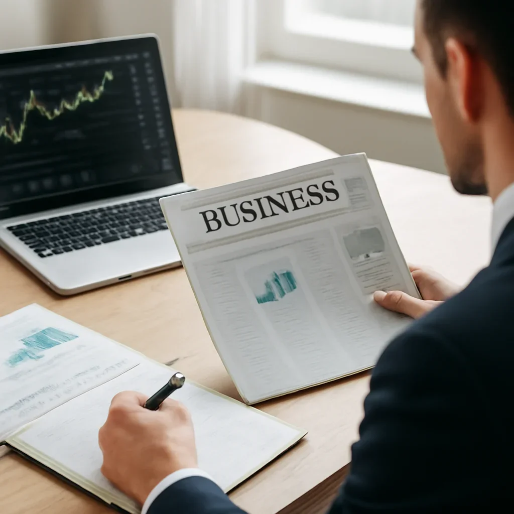 Context image for For Investors featuring investor reading setup with market notes, laptop, charts, and business headlines