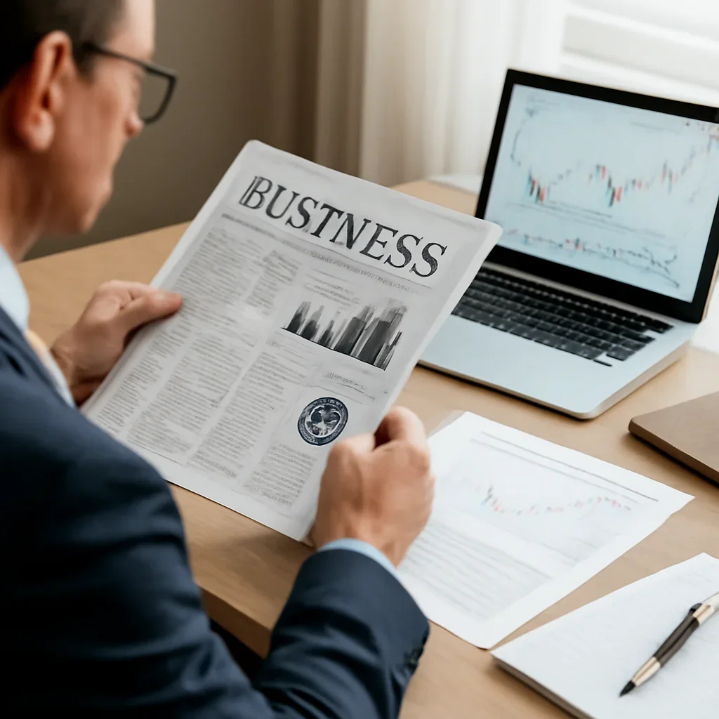 Supporting editorial image for For Investors showing investor reading setup with market notes, laptop, charts, and business headlines