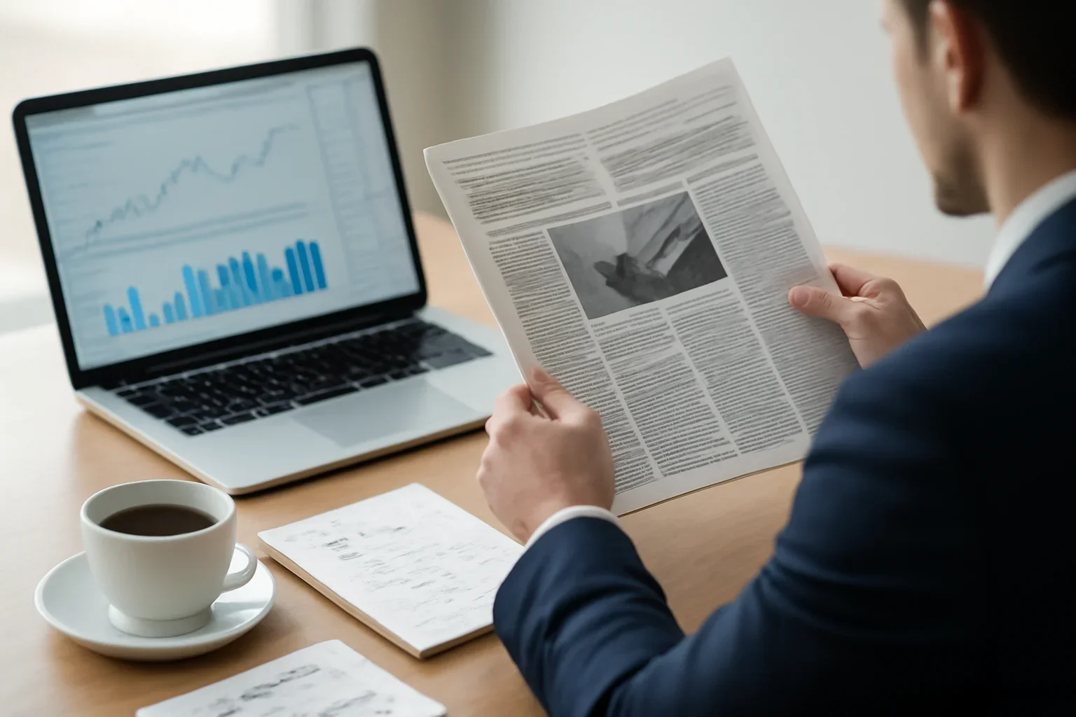 For Investors hero image showing investor reading setup with market notes, laptop, charts, and business headlines