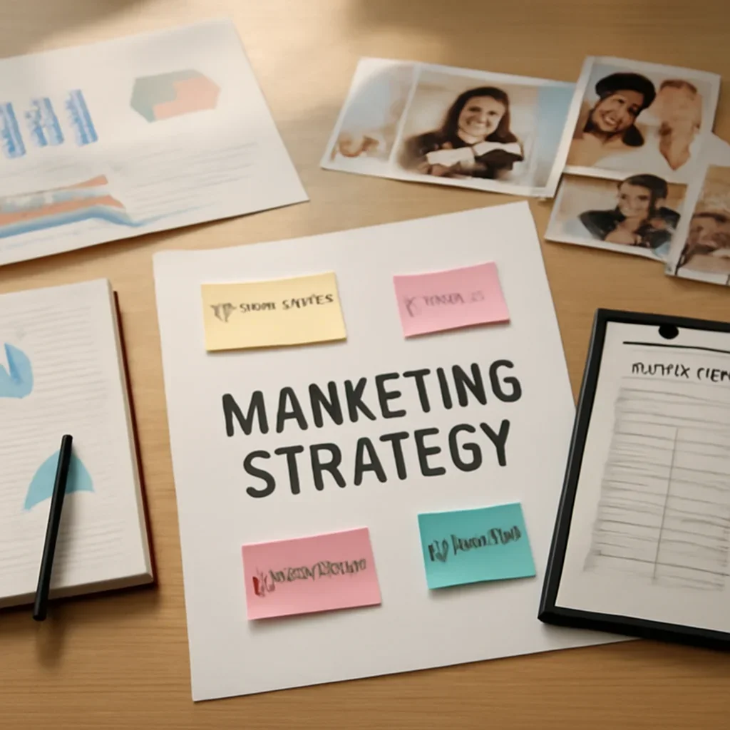 Context image for For Marketers featuring marketing strategy desk with campaign notes, media plans, analytics charts, and creator references