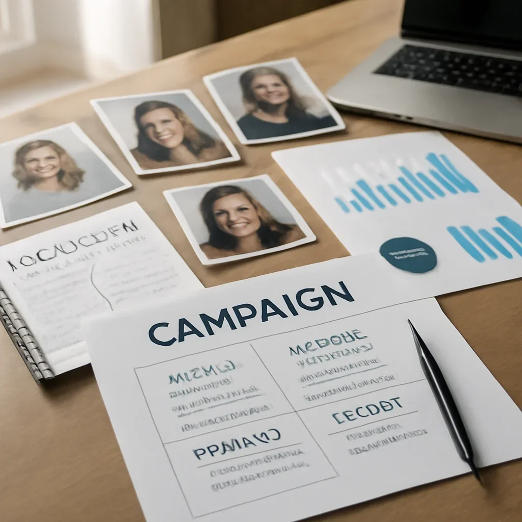 Supporting editorial image for For Marketers showing marketing strategy desk with campaign notes, media plans, analytics charts, and creator references