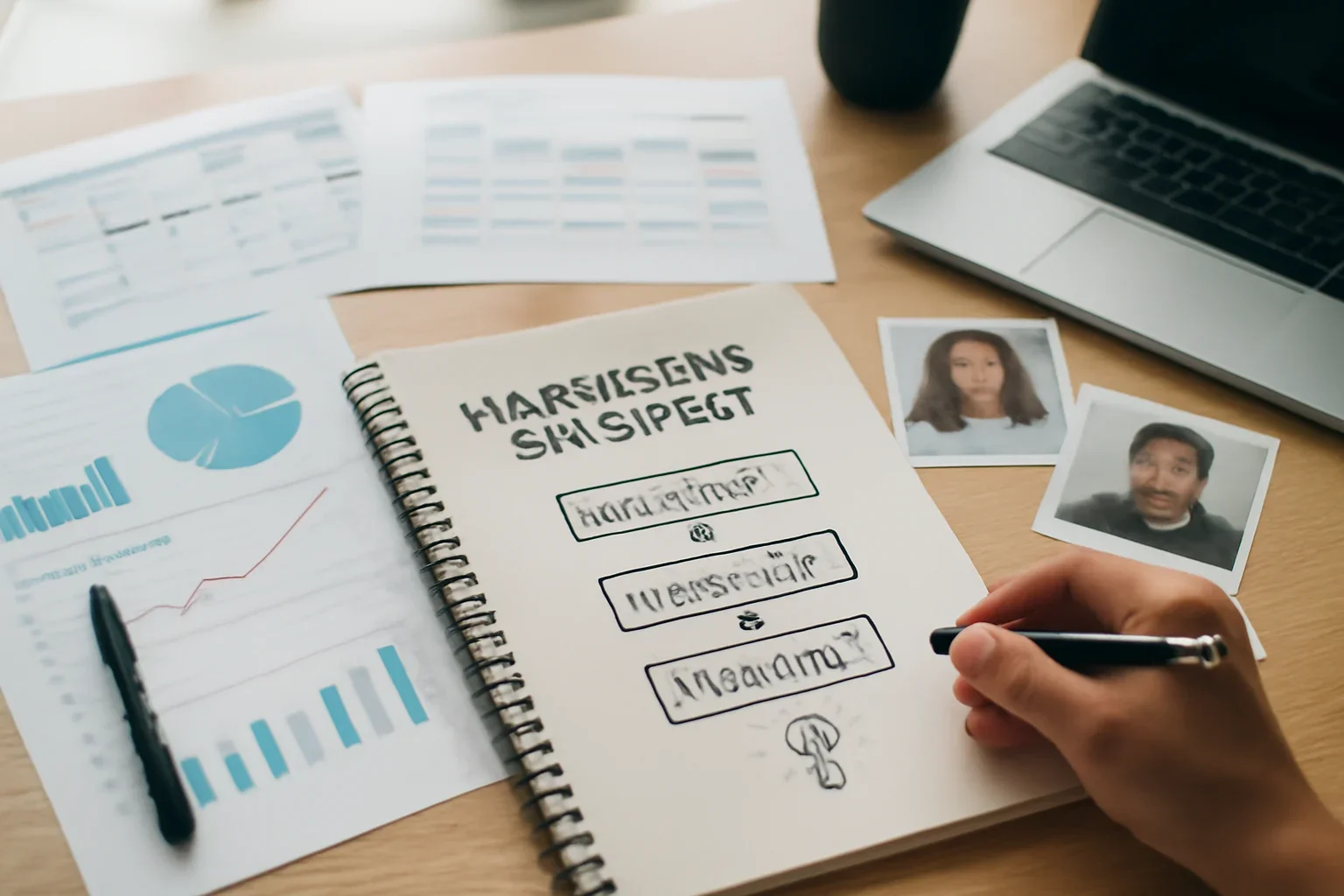 For Marketers hero image showing marketing strategy desk with campaign notes, media plans, analytics charts, and creator references