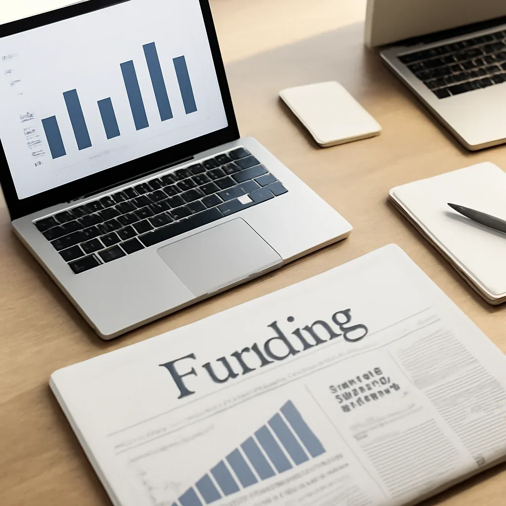 Call-to-action image for Funding featuring editorial workspace focused on venture capital, debt, private market rounds, and the capital signals shaping startup and growth stories, with laptops, notes, and clean magazine-style composition