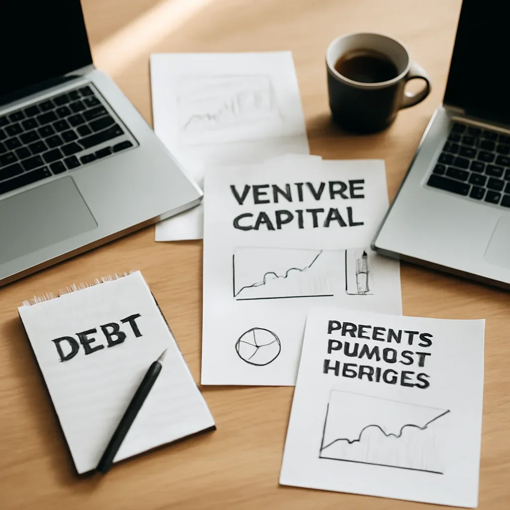 Supporting editorial image for Funding showing editorial workspace focused on venture capital, debt, private market rounds, and the capital signals shaping startup and growth stories, with laptops, notes, and clean magazine-style composition
