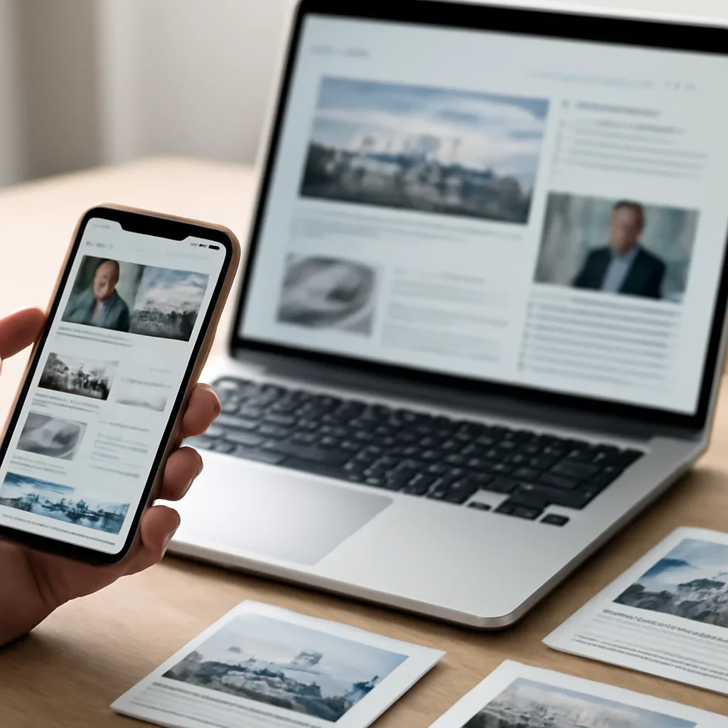 Call-to-action image for Google News featuring mobile news discovery scene with smartphone headlines, laptop, and editorial cards