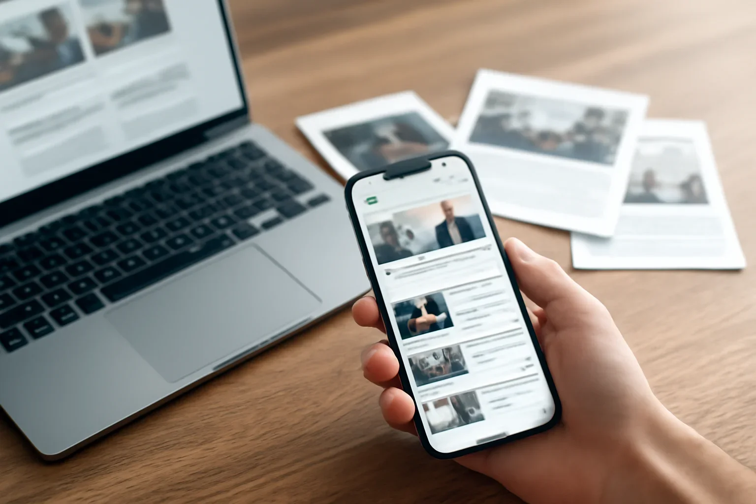 Google News hero image showing mobile news discovery scene with smartphone headlines, laptop, and editorial cards