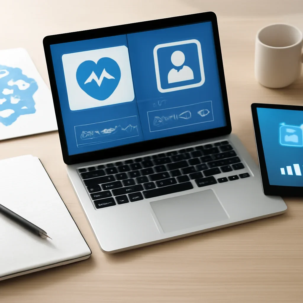 Call-to-action image for Healthtech News featuring editorial workspace focused on digital health products, healthcare platforms, diagnostics, and the business of healthcare innovation, with laptops, notes, and clean magazine-style composition