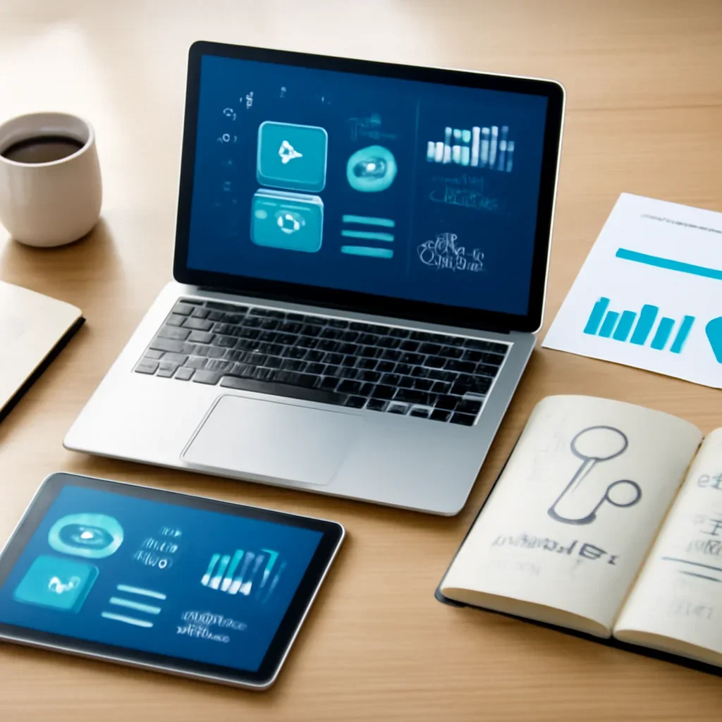 Supporting editorial image for Healthtech News showing editorial workspace focused on digital health products, healthcare platforms, diagnostics, and the business of healthcare innovation, with laptops, notes, and clean magazine-style composition