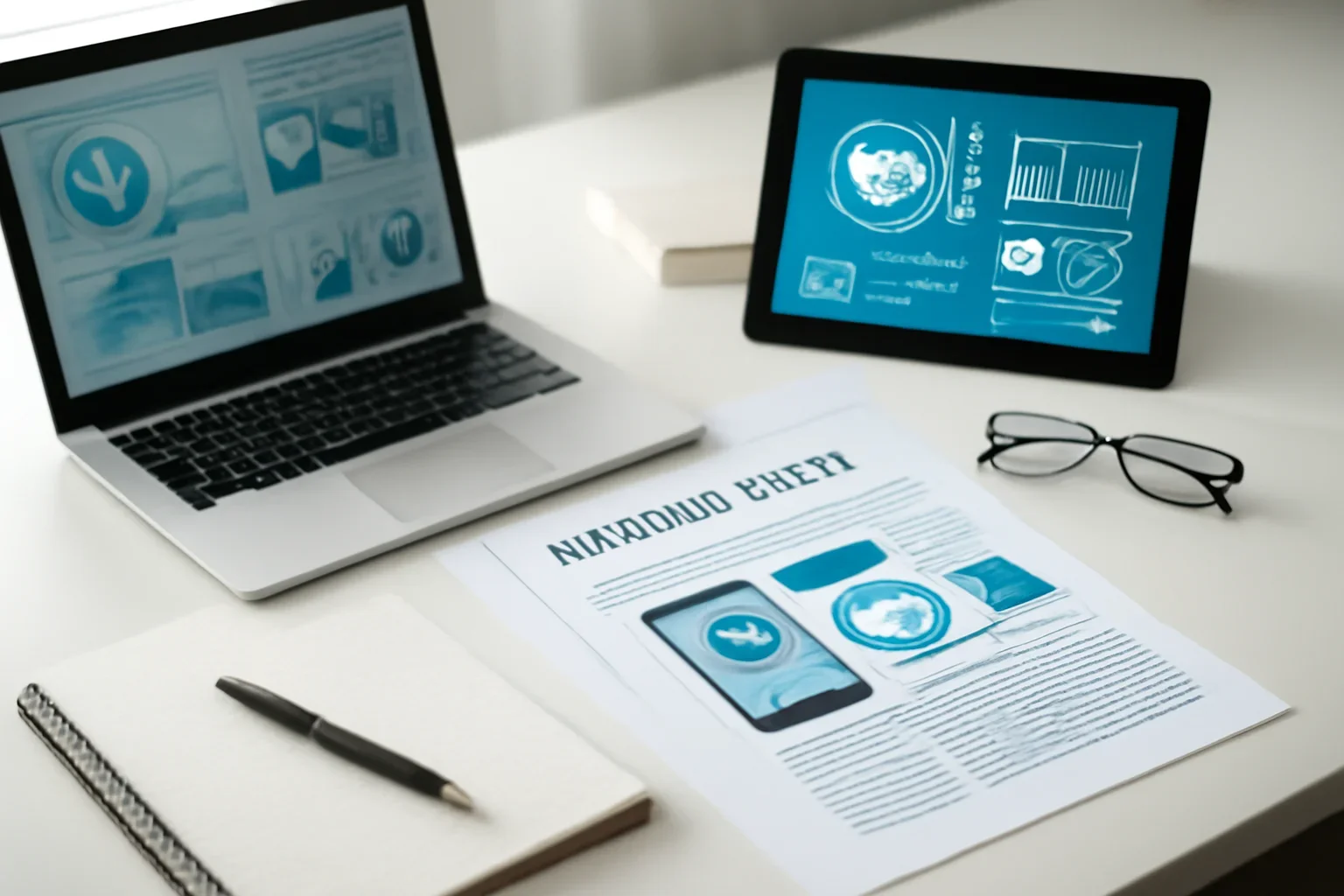 Healthtech News hero image showing editorial workspace focused on digital health products, healthcare platforms, diagnostics, and the business of healthcare innovation, with laptops, notes, and clean magazine-style composition